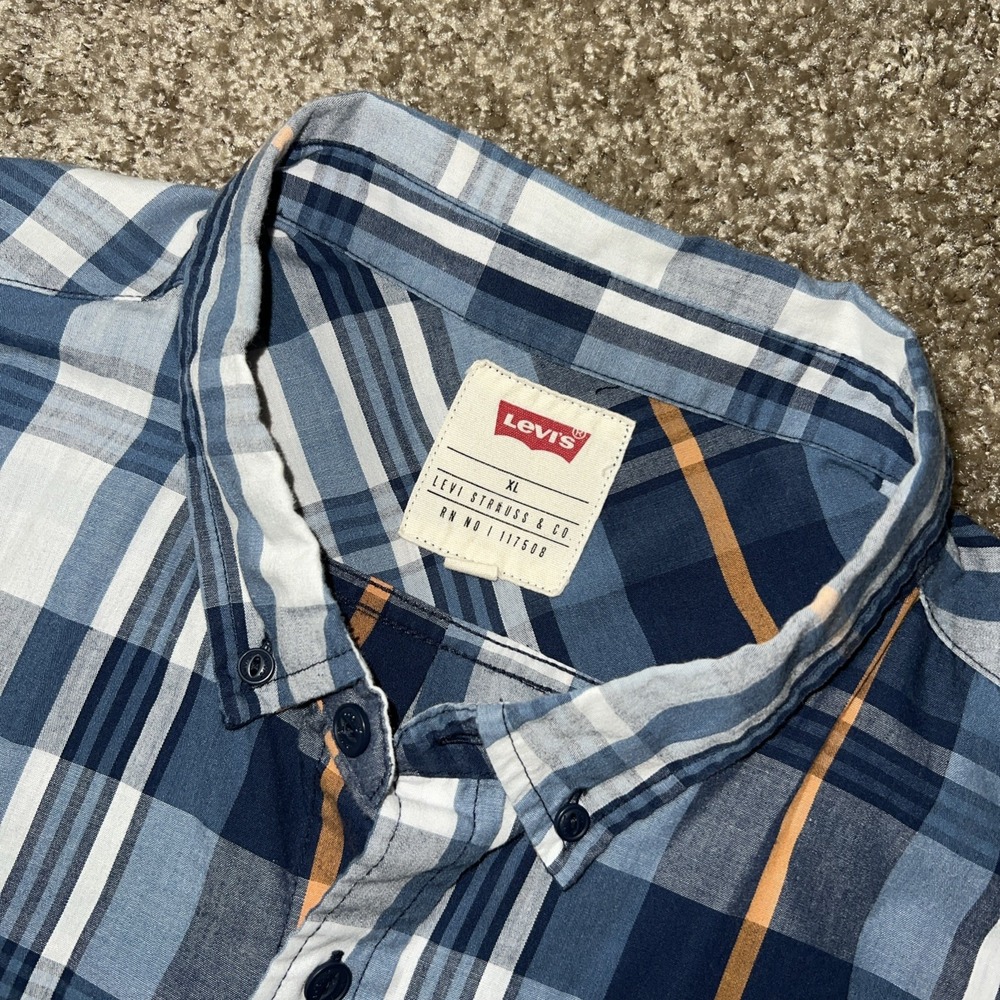 Levi's Men's Shirt Pearl Snap Western XL White Blue Plaid Short Sleeve Pocket